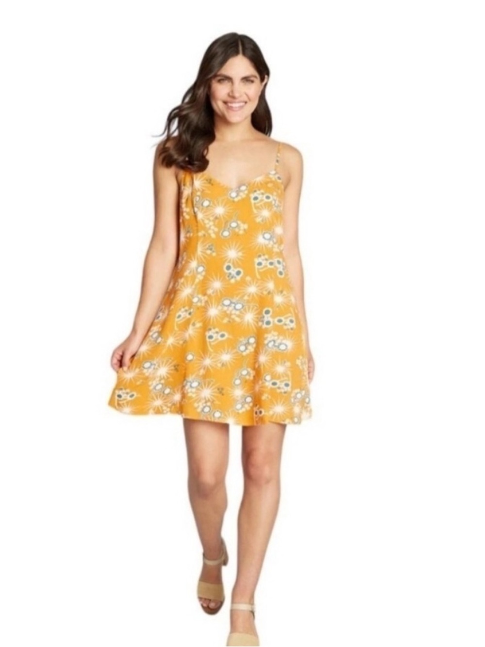 ModCloth On Cloud Nineties Yellow Floral Sundress Shift Mini Dress Sleeveless S